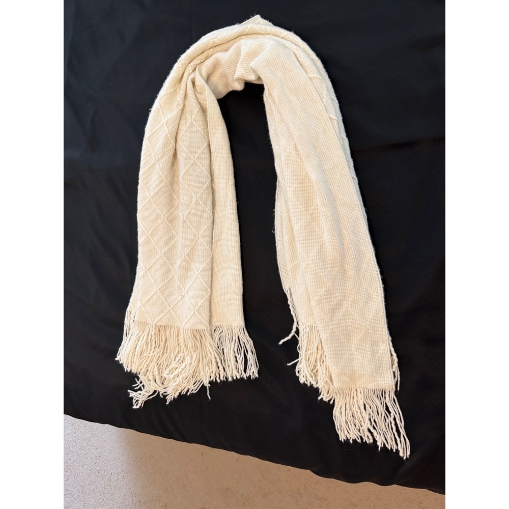 Cream White Diamond Lattice Knit Scarf with Fringe Trim Ivory Wrap